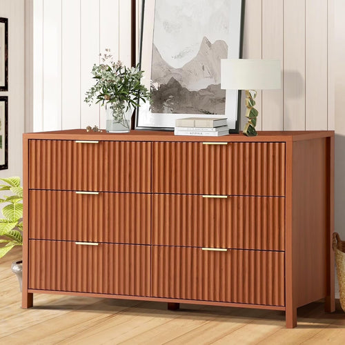 Magic Union Fluted 6 Drawers Dresser for Bedroom, 54" Wide Chest of Drawers with Thick Plank Styling, Wooden Storage Drawer Organizer for Bedroom, Living Room,Hallway, Entryway, Brown