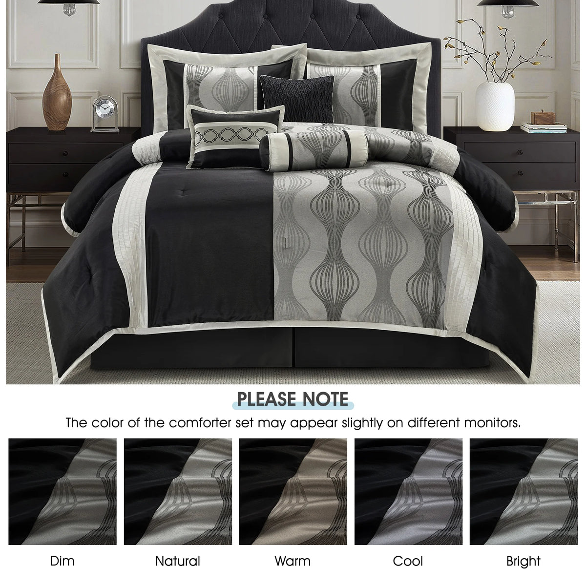 Lanco Elegant Black and Gold Comforter Set,Striped, 7 Pieces Jacquard Bedding Sets with Comforter for All Season, Bed Skirt, Pillows & Shams, Queen Size, Lightweight Microfiber