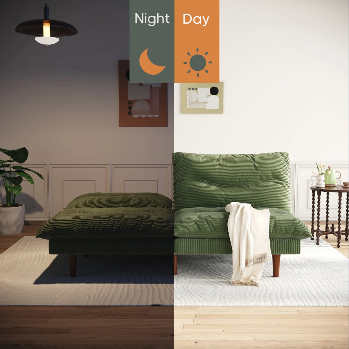 NYBOPAVIS 69" Futon Convertible Sofa Bed, Corduroy Loveseat Sofa Couch for Small Space Green