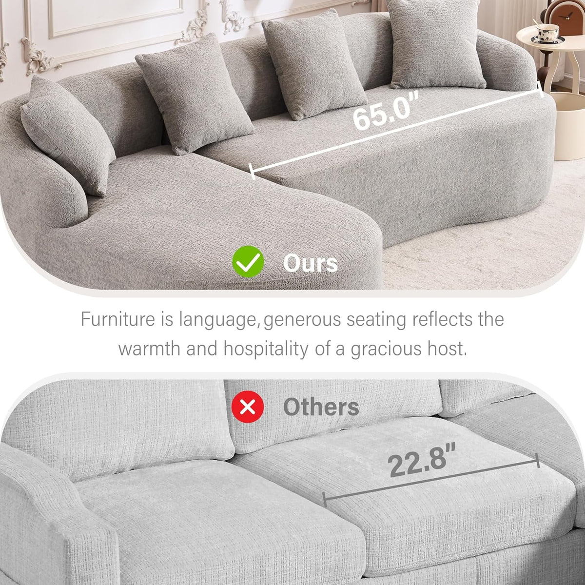 Loveseat Sectional Sofa for Living Room, 65’�?Modern Luxury Plush Chenille Extra Deep Seat Curved Cloud Floor Couch with 3 Throw Pillows for Small Spaces, No Assembly Needed, Sapphire Blue