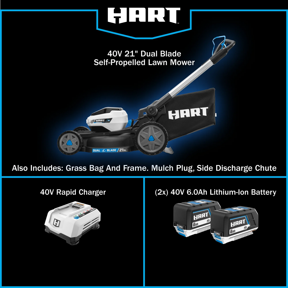 HART 21-inch Supercharge Dual Blade Self-Propelled Mower Kit 40V two 6.0Ah Lithium-Ion Batteries