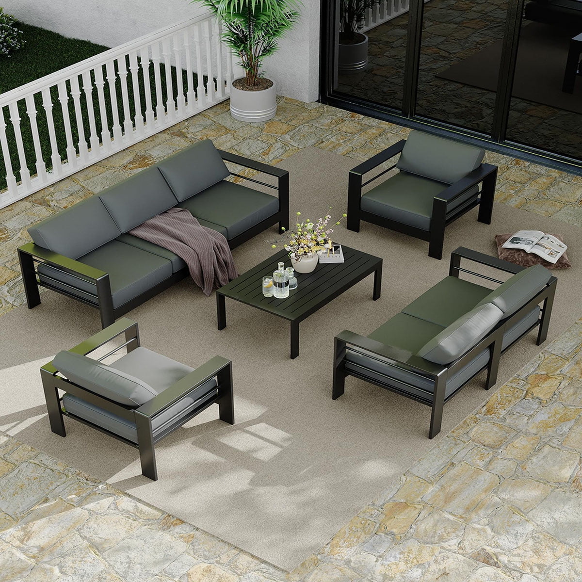 Ataucjin 5 Pieces Aluminum Patio Furniture Set, Outdoor Sectional Conversation Set Sectional Sofa with 4" Armrest & 5" Thick Cushions & Coffee Table��ship in 4 boxes��