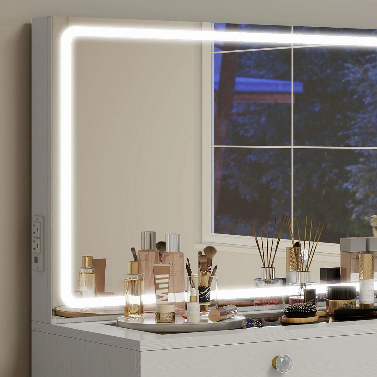 Uforic 55" Vanity Desk with Lighted Mirror & Power Outlet & 8 Drawers, Modern Makeup Vanity Table Set with Storage Stool, White