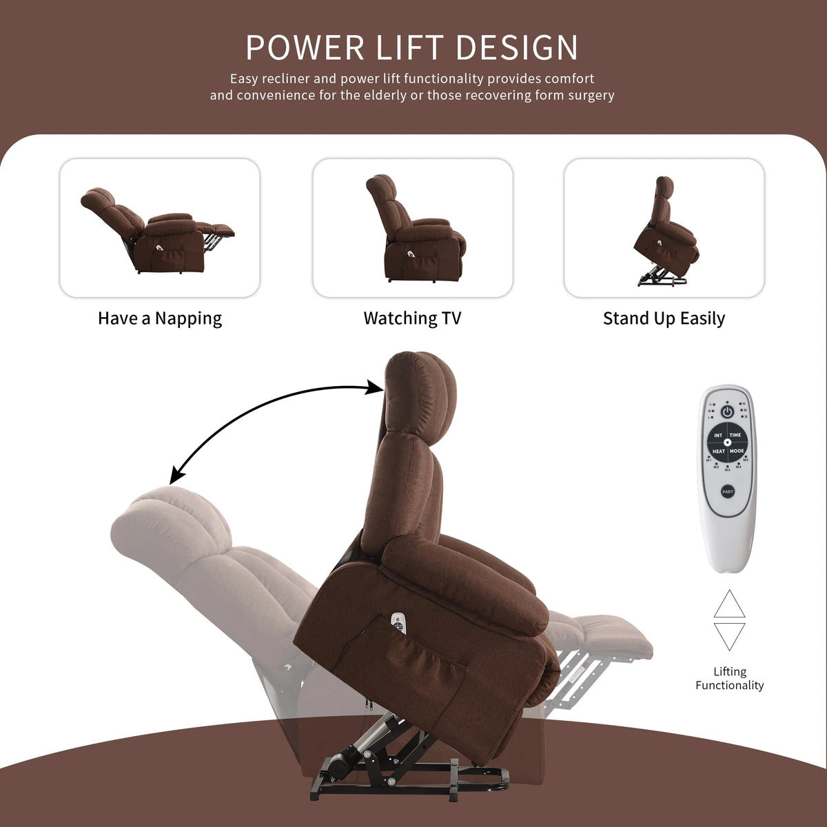 JONPONY Power Lift Recliner Chair Recliners for Elderly with Heat and Massage Recliner Chair for Living Room with Infinite Position and Side Pocket,USB Charge Port,Brown