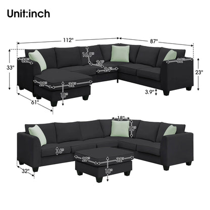 L-Shaped Modular Sectional Couch, KAMIDA 7-Seater Sectional Couch with Ottoman and 3 Pillows, Modern L-Shaped Fabric Upholstered Couch Furniture, Heavy Duty Sectional Couch for Living Room, Black