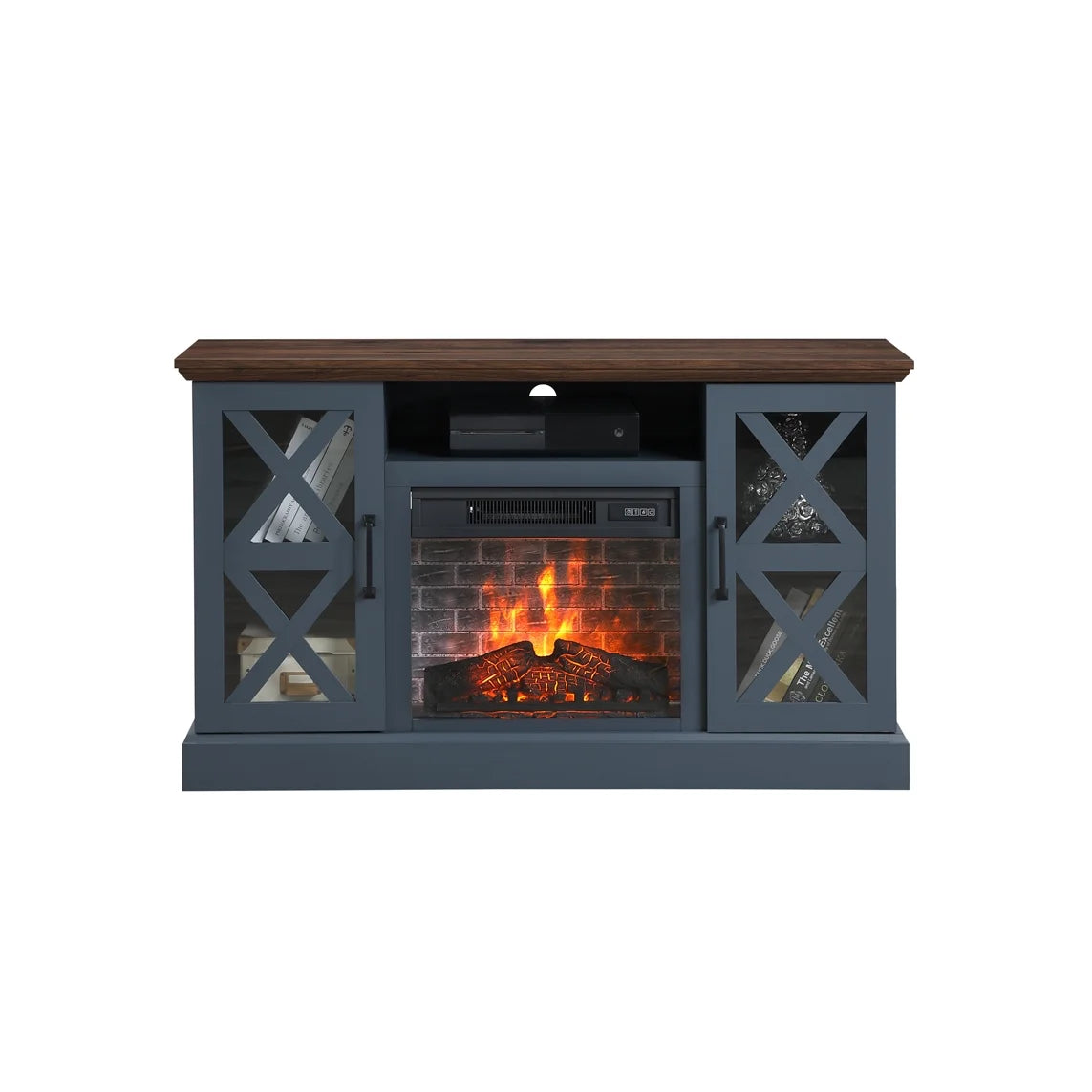 Mainstays Farmhouse Fireplace TV Stand for TVs up to 55", off White/Walnut