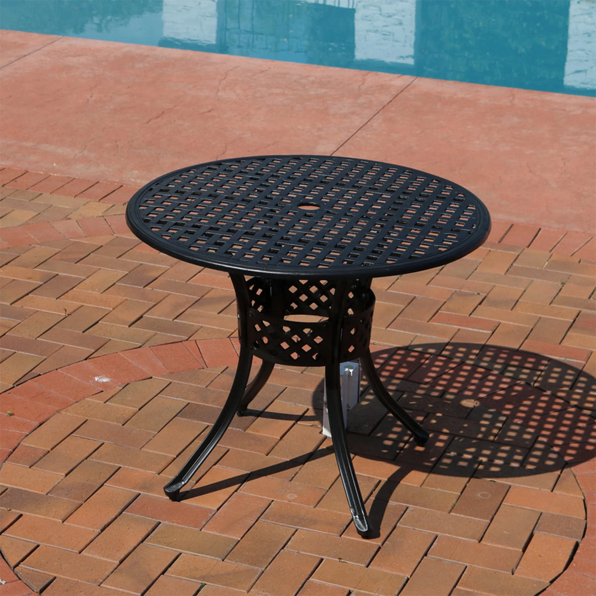 Sunnydaze Decorative Lattice 33" Round Cast Aluminum Outdoor Dining Table with Umbrella Hole