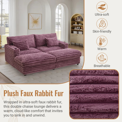 Oversized Double Chaise Lounge, Faux Fur Upholstered Deep Seat Sofa with 2 Pillows, 2 Cupholders, and Dual USB Ports