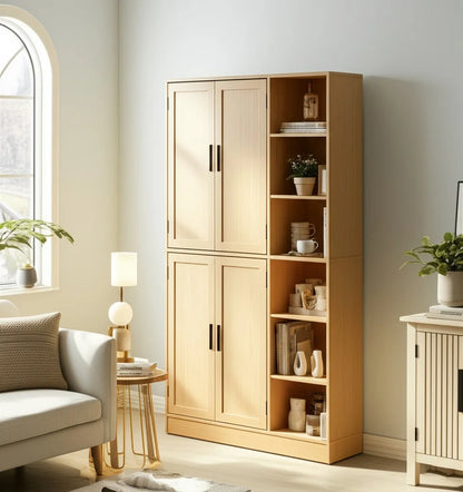 63" Tall Kitchen Pantry, Kitchen Pantry Cabinet with 4 Doors and Adjustable Shelves, Storage Cabinet for Dining Room, Laundry Room, Oak