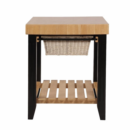 Kolton Square Kitchen Island, Black and Natural with Butcher Block Top