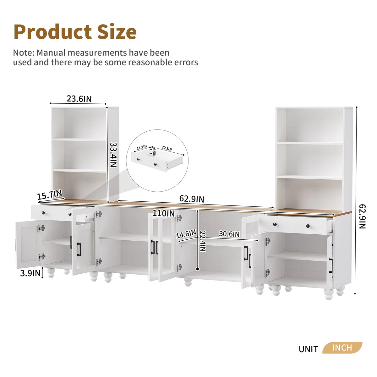 Euroco 110" Entertainment Center Wall Unit Set with Glass Display Cabinets, Adjustable Shelves & Vintage TV Stand for TVs up to 85", Farmhouse Style Media Console with Storage, Gourd Legs