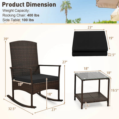 Costway Serenity 3 Piece Patio Rocking Wicker Rockers with White Cushions 2 Tier Coffee Table