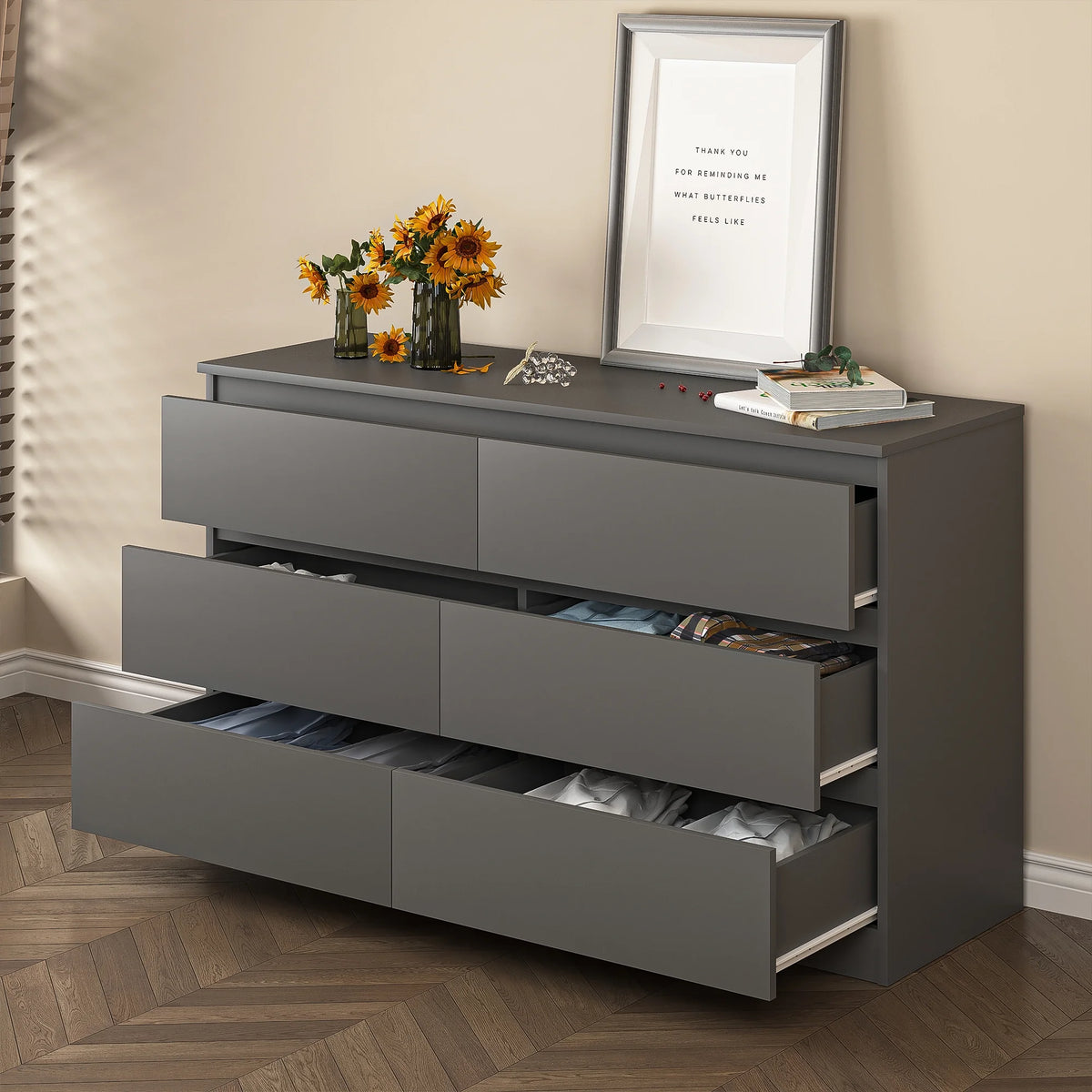 Kadyn White Chest of Drawer, 6 Double Drawer Dresser for Bedroom, Modern Storage Cabinet for Living Room, Dresser