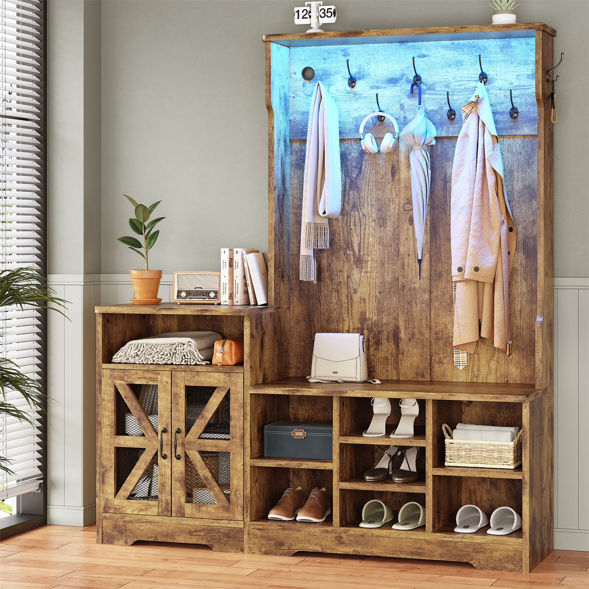 Farmhouse Wood Hall Tree with Shoe Bench and Console Table, LED 4-in-1 Coat Rack with 8 Hooks and 7 Adjustable Shoe Cubbies, Multifunctional Entryway Storage Organizer with Cabinet, Vintage White