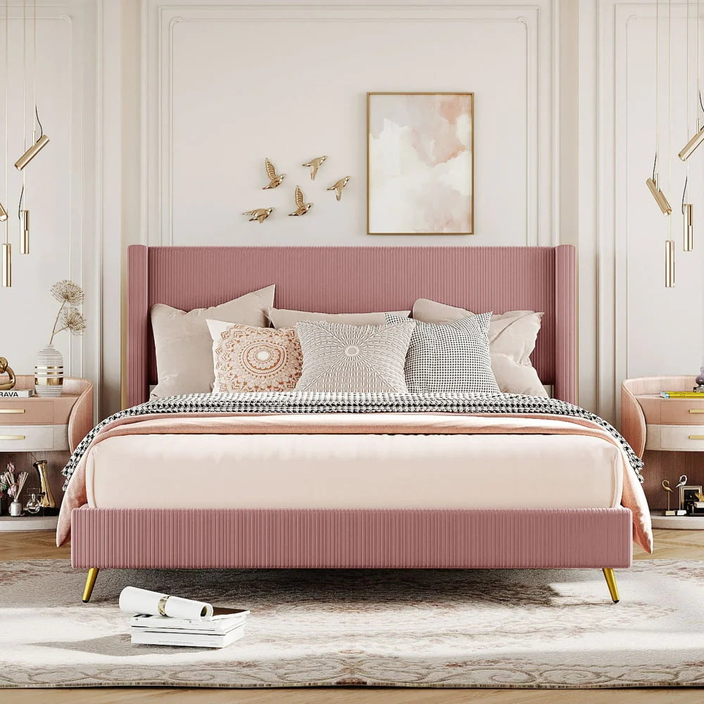 Queen Size Corduroy Platform Bed with Wingback Headboard,Wood Corduroy Platform Bed with Metal Legs and Slats Support,Upholstered Bed Frame for Kids Adult Bedroom,No Box Spring Needed,Pink