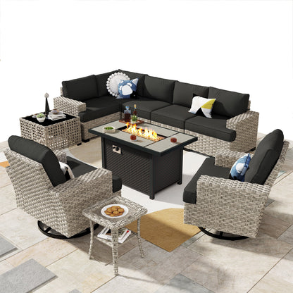 Ovios 10 Pieces Outdoor Patio Furniture Modern High-Back All-Weather Wicker Sectional Conversation Set with Propane Fire Pit Table & Swivel Chair, Dark Gray