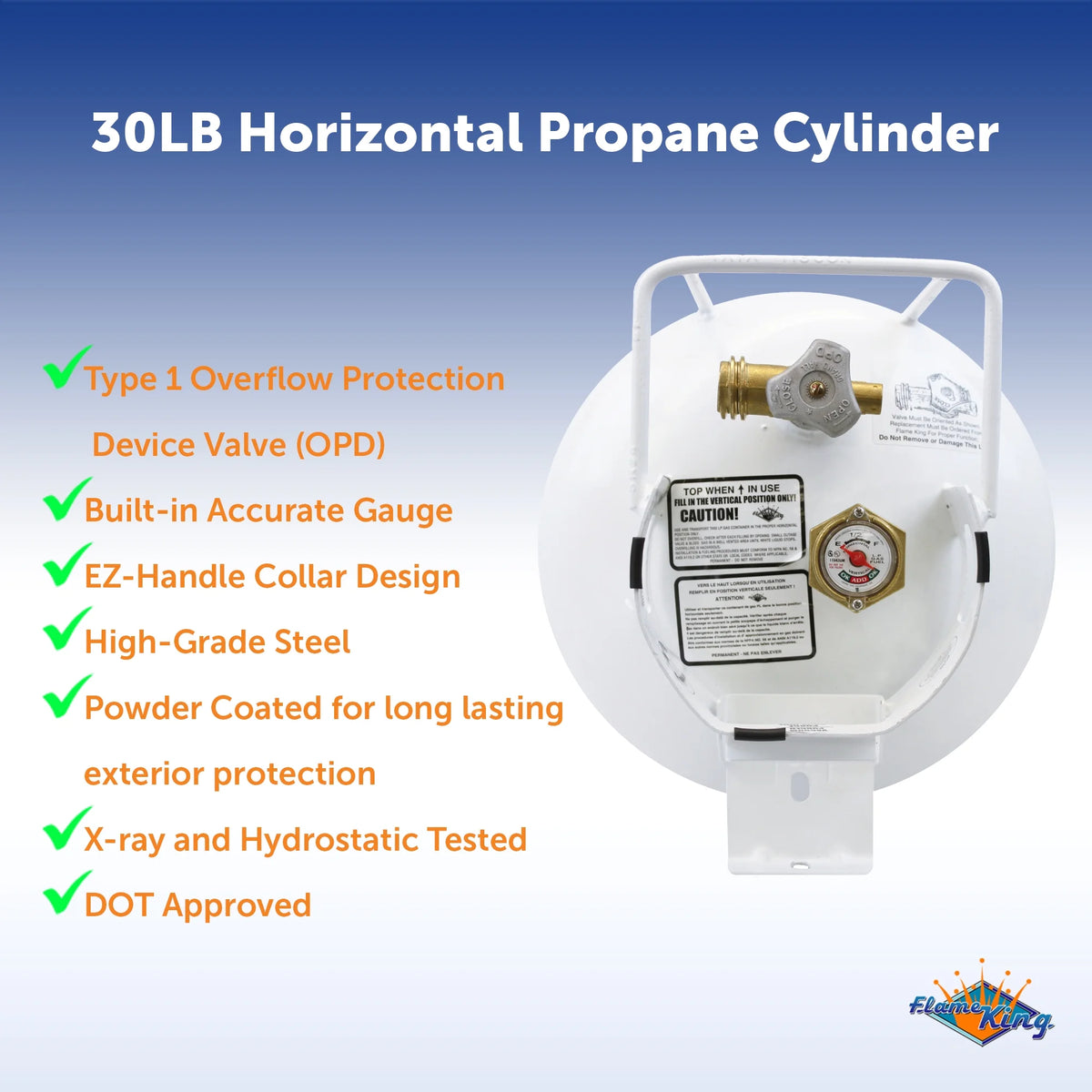 Flame King Empty Steel Horizontal Propane Tank Cylinder with OPD & Built-in Gauge, 30 Lbs