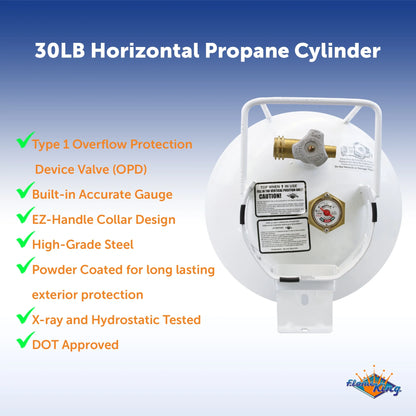 Flame King Empty Steel Horizontal Propane Tank Cylinder with OPD & Built-in Gauge, 30 Lbs