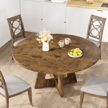 47'' Round Large Dining Table Set for 4 to 6,Mid Century Wood Dinner Table with Wide Tabletop and Cross Base,Dining Room Table for Home Dining Room or Living Room (No Chairs)