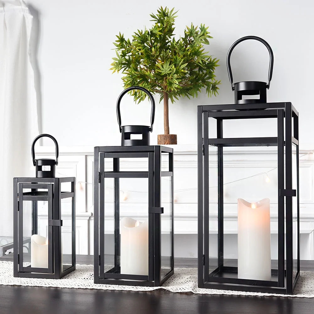 Stainless Steel Lantern Set of 3 12/15/19" Metal Lanterns with Tempered Glass for Parties & Events (Silver )