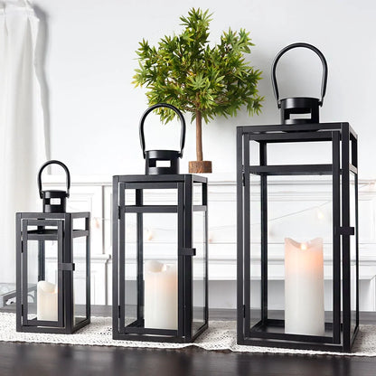 Stainless Steel Lantern Set of 3 12/15/19" Metal Lanterns with Tempered Glass for Parties & Events (Silver )