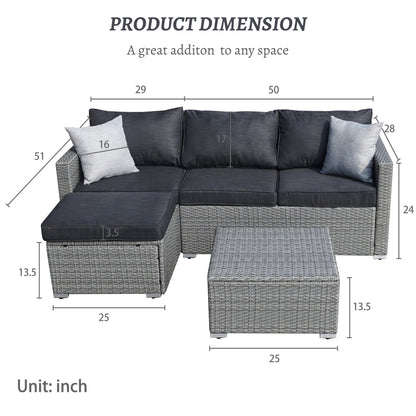 SUNTONE Patio Sectional Set - 3 Pieces Outdoor Conversation Set Wicker Rattan Outdoor Furniture Sofa with Table, Beige