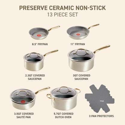 T-fal Preserve Ceramic Non-Stick Cookware, 13 Piece Pots and Pans Set, Champagne