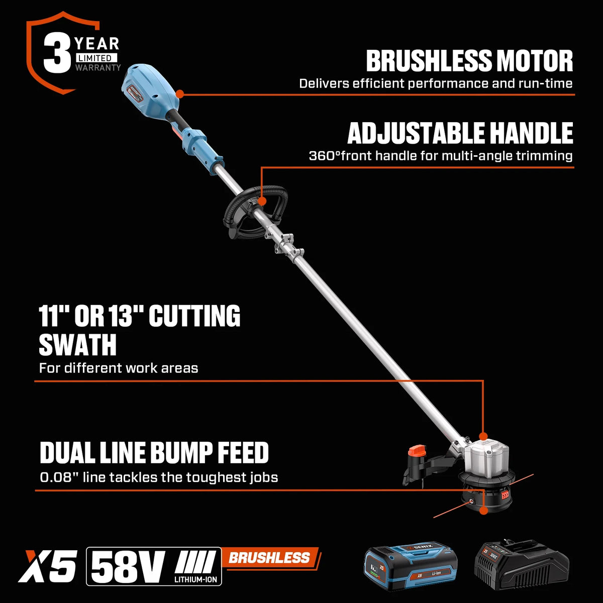 SENIX 58V Brushless Weed Eater, 11�?13�?Variable Length String Trimmer, 360° Adjustable Handle, Battery & Charger Included, GTSX5-M