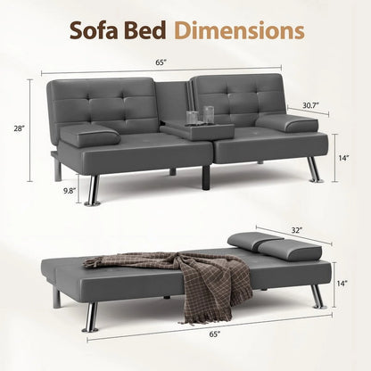 Furmax Futon Sofa Bed Convertible Folding Faux Leather Couch with 2 Cup Holders,Black