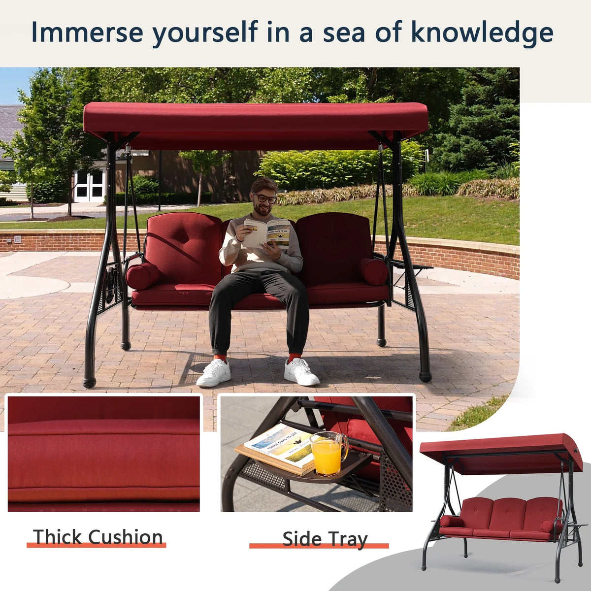 NOBLEMOOD 3-Seat Patio Porch Swing with Adjustable Canopy, Thickened Cushion & Foldable Tray, Red