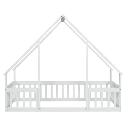 Bellemave Twin Size Floor Bed Frame, Wooden House Bed Twin Size with Fence, Montessori Bed with Guardrails for Bedroom (White)