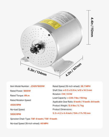KFFKFF 1800W Electric Brushless DC Motor Set - 48V 4500rpm Motor featuring Enhanced Speed Regulator and Foot Pedal Accelerator Set for Go Karts, E-Bike, Motorcycle, Scooter DIY