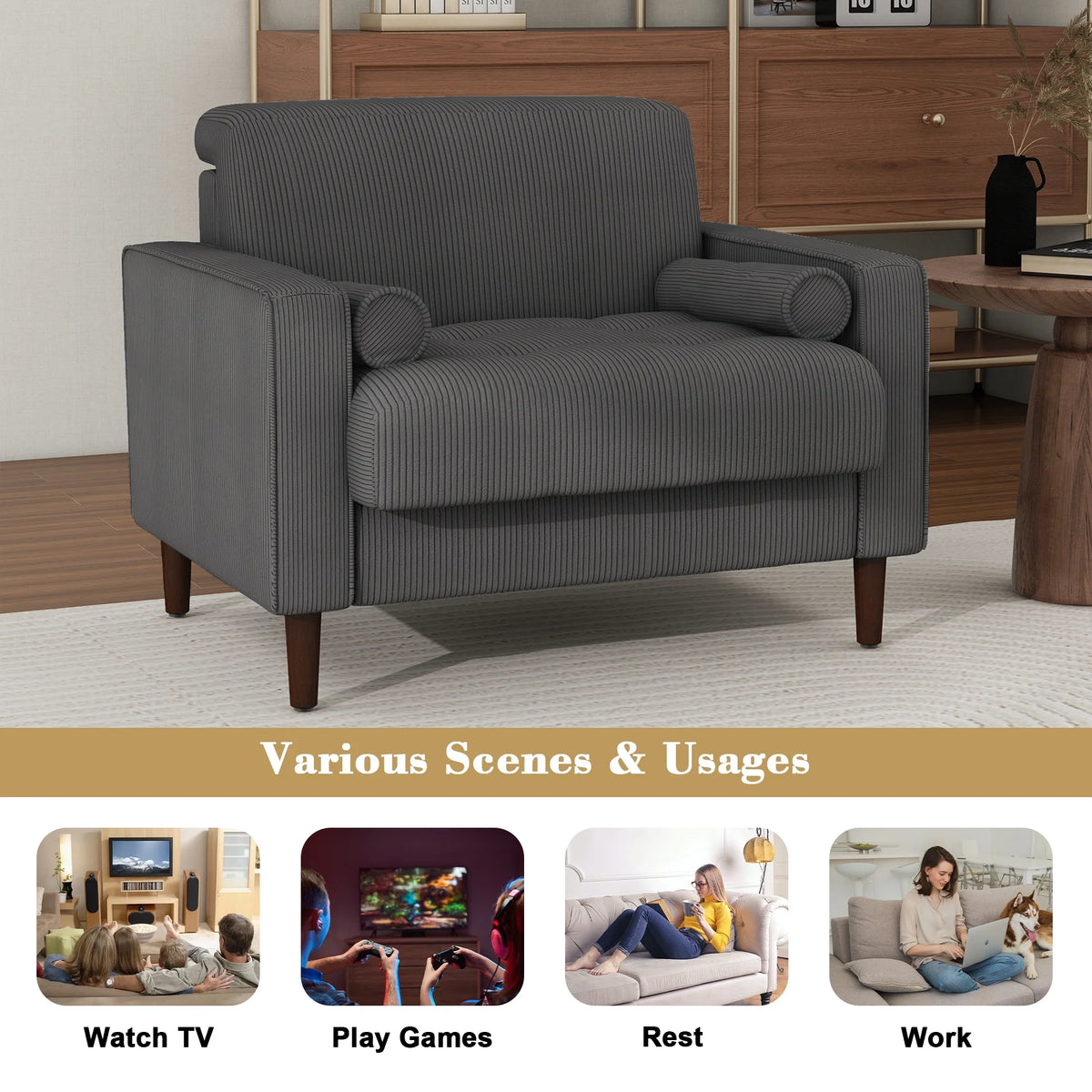 UIXE Corduroy Accent Chair Modern Upholstered Arm Chairs Comfy Reading Armchair with Pillow Armrest Tufted Living Room Single Sofa Lounge Seat, Yellow