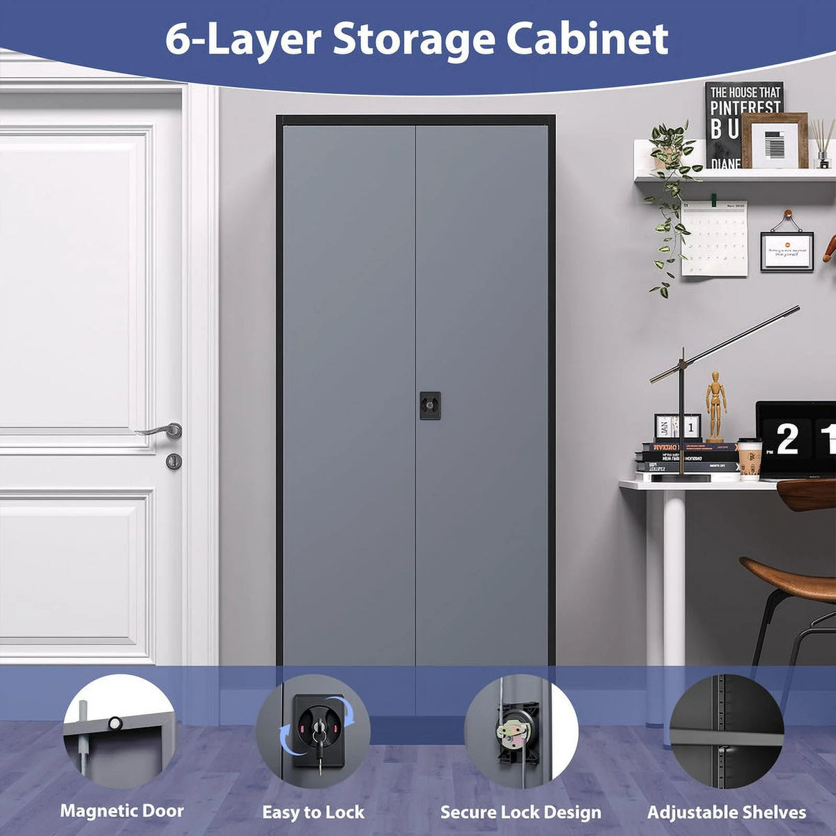 Fesbos Metal Garage Storage Cabinet,71" H Tall White Cabinet with 2 Doors and 5 Adjustbale Shelves,Lockable Tool Cabinet for Garage, Basement, Home Office