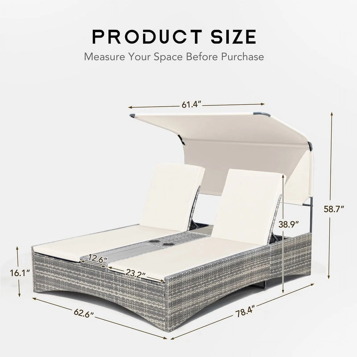 Devoko Rattan Double Lounge Chaise, Adjustable Backrest Daybed with Sunshade and Cup Holder for Deck, Poolside, Balcony,beige