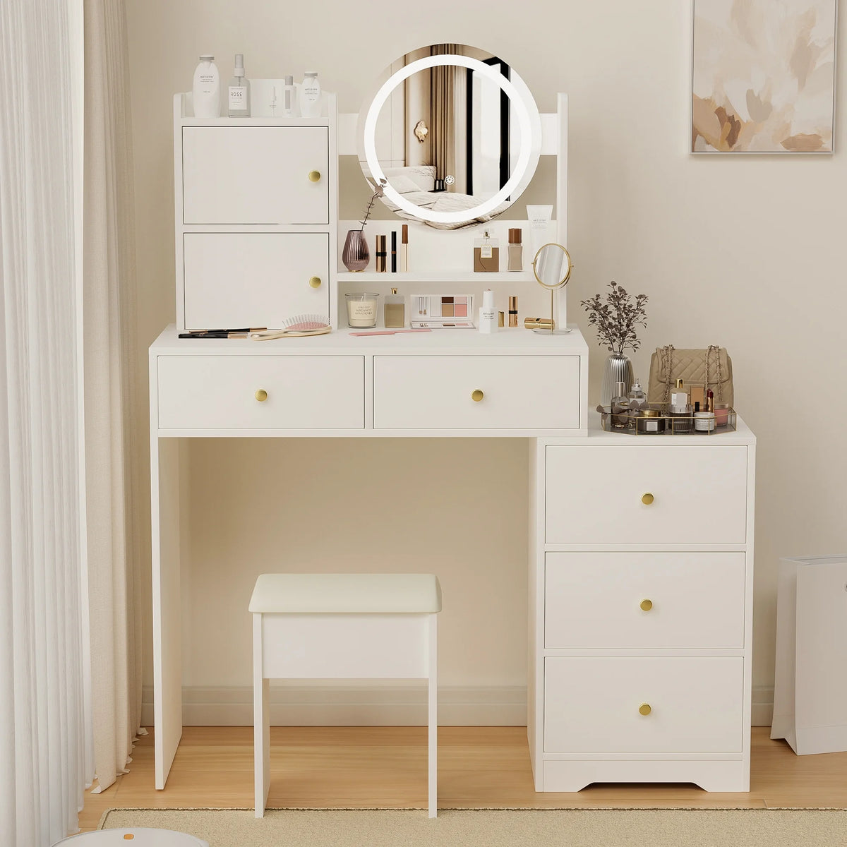 Montary Modern Mini Vanity w/Adjustable LED Mirror + Hidden Storage, Padded Stool & Dustproof Shelves (White)