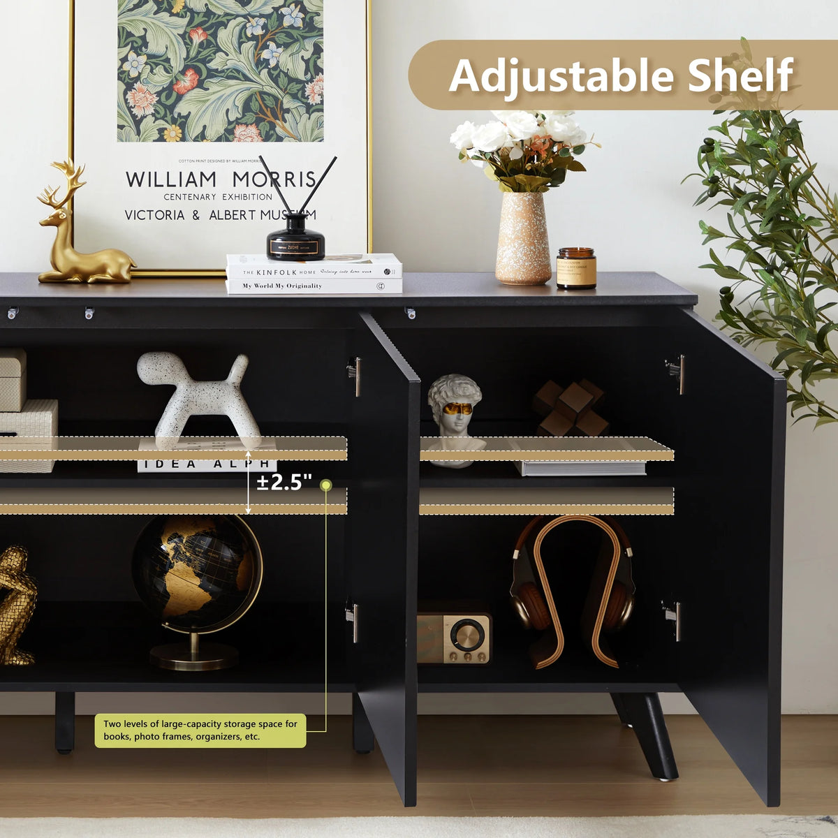 Wirrytor Sideboard Storage Cabinet with Doors and Shelves, Buffet Cabinet with Storage, Credenza Storage Cabinet for Kitchen, Wooden Fluted Cabinet, Under TV Cabinet with Storage - Black