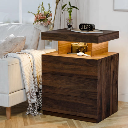 Hommpa LED Nightstand Wireless Charging Station USB Type C Outlets Bedside Table 3 Drawers Black Night Table Modern Smart Nightstand High Gloss End Side Table for Bedroom Furniture 26.8" Tall