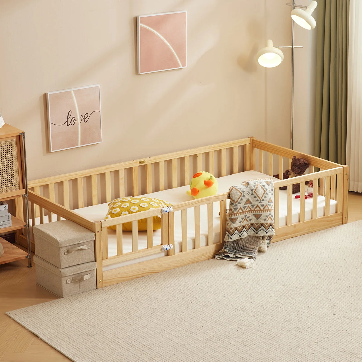 Ktaxon Montessori Twin Floor Bed with Safety Guardrails, Toddler Bed Frame for Kids, Wood Frame - Nature