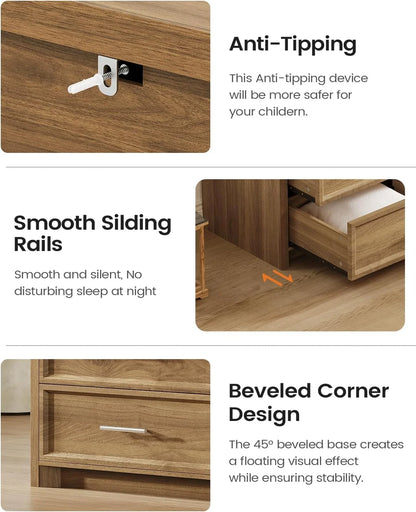 AOGLLATI Mid-Century Modern Dresser for Bedroom with 5 Drawer, Dressers& Chests of Drawers, 44.5�� Tall Wood Dresser with 3 Color Lights for Bedroom, Wood