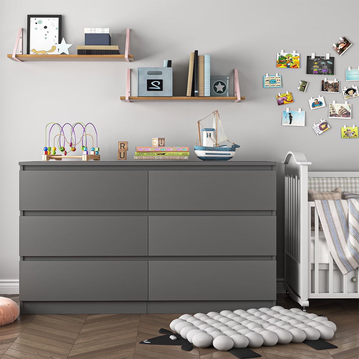 Kadyn White Chest of Drawer, 6 Double Drawer Dresser for Bedroom, Modern Storage Cabinet for Living Room, Dresser