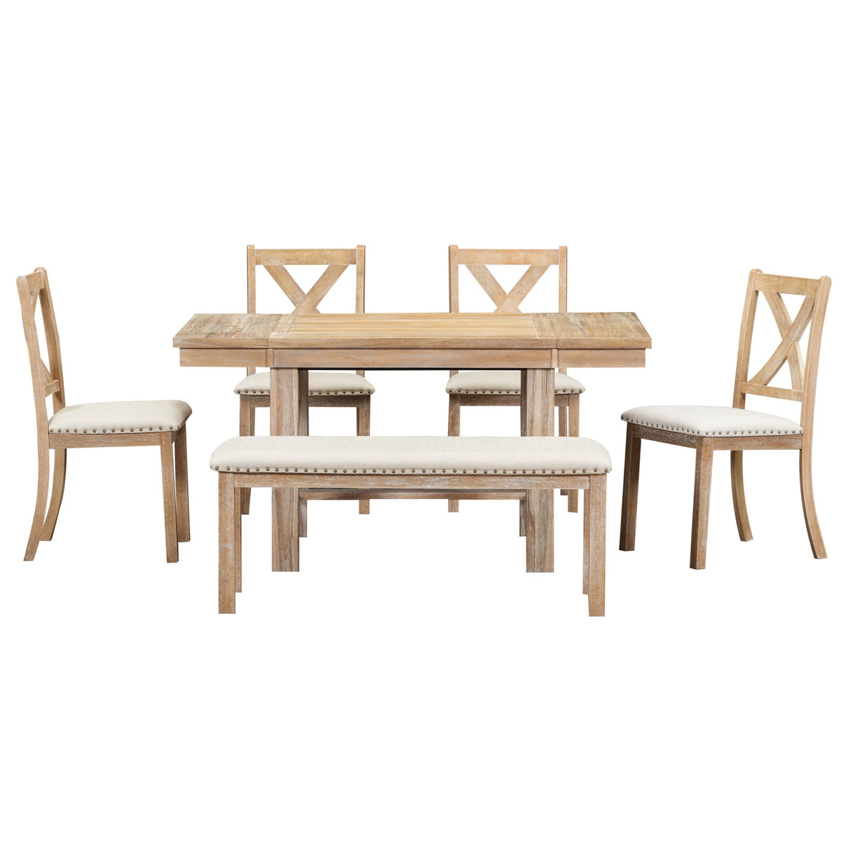 6 Piece Extendable Dining Table Set, Atumon Wood Dining Room Set for 6, Dining Table Set with 4 Beige Cushioned Chairs and Bench, Farmhouse Dining Table Set Furniture for Kitchen Dining Room, Natural