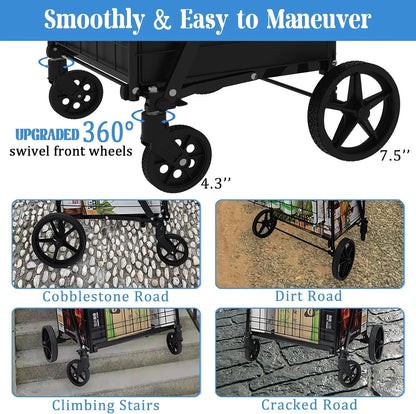 Heavy Duty Folding Shopping Cart for Groceries, Jumbo Double Basket with 360�� Swivel Wheels & Waterproof Bag, Portable Utility Cart for Shopping, Laundry, Holds Up to 320 LBS