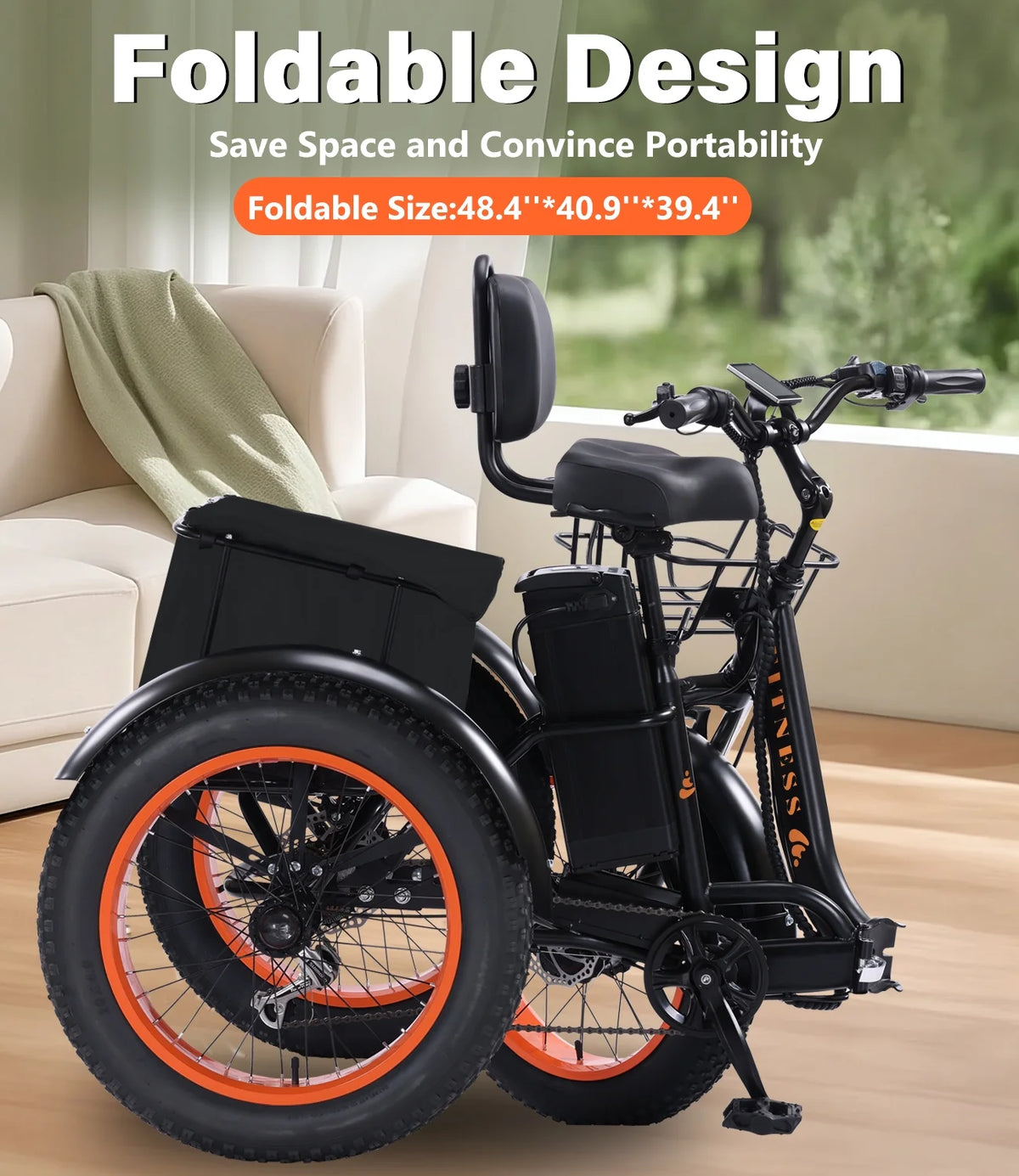 YEBEI Electric Tricycle for Adults Folding E-Trike Motorized Tricycle Electric 3 Wheels Trike Powerful 500W Motor Electric Tricycle 48V15AH Lithium Battery Max 20MPH 20*4.0” Fat Tire Orange