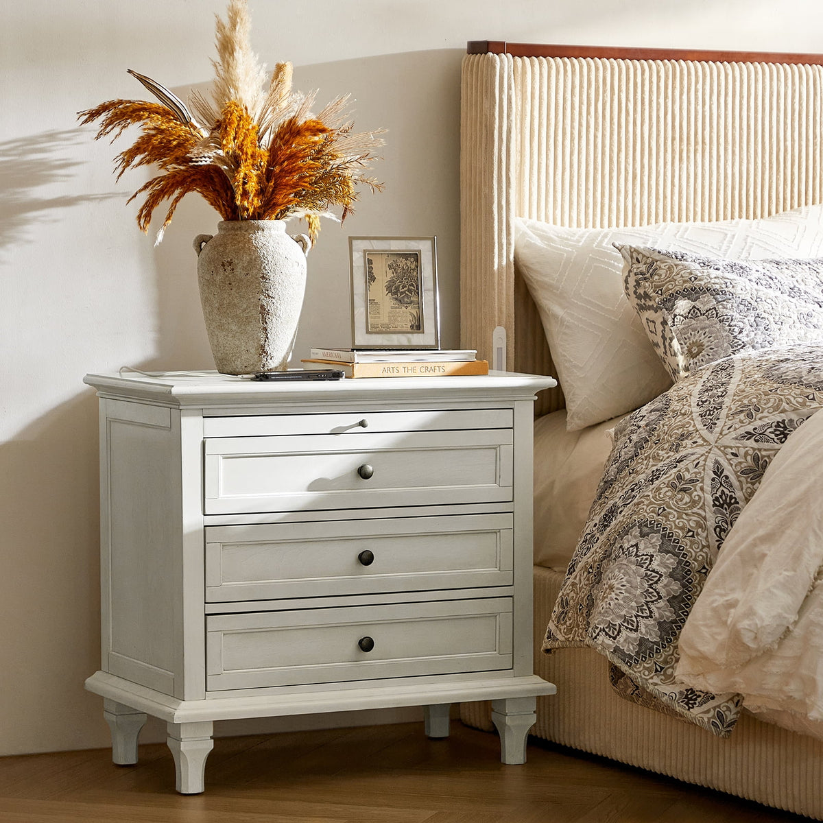 Farmhouse 3 Drawers Nightstand with Tray Bedside Table with Charging Station Acorn