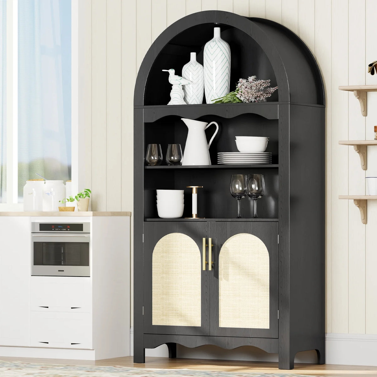 LAZZO 73-Inch Tall Arched Kitchen Pantry Storage Cabinet, 2 Doors, Brown