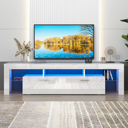 UHOMEPRO TV Stand for TV up to 70", Living Room Entertainment Center with RGB LED Lights and Storage Shelves Furniture, White High Gloss TV Cabinet Console Table