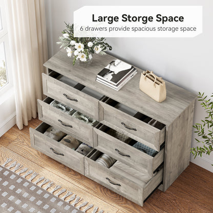 Homhougo White Dresser for Bedroom 6 Drawer, Wood Organizer Storage Cabinet with Gray Strip Drawer Door, Chest of Drawers for Closet, Living Room, Hallway, Nursery, Kids Bedroom