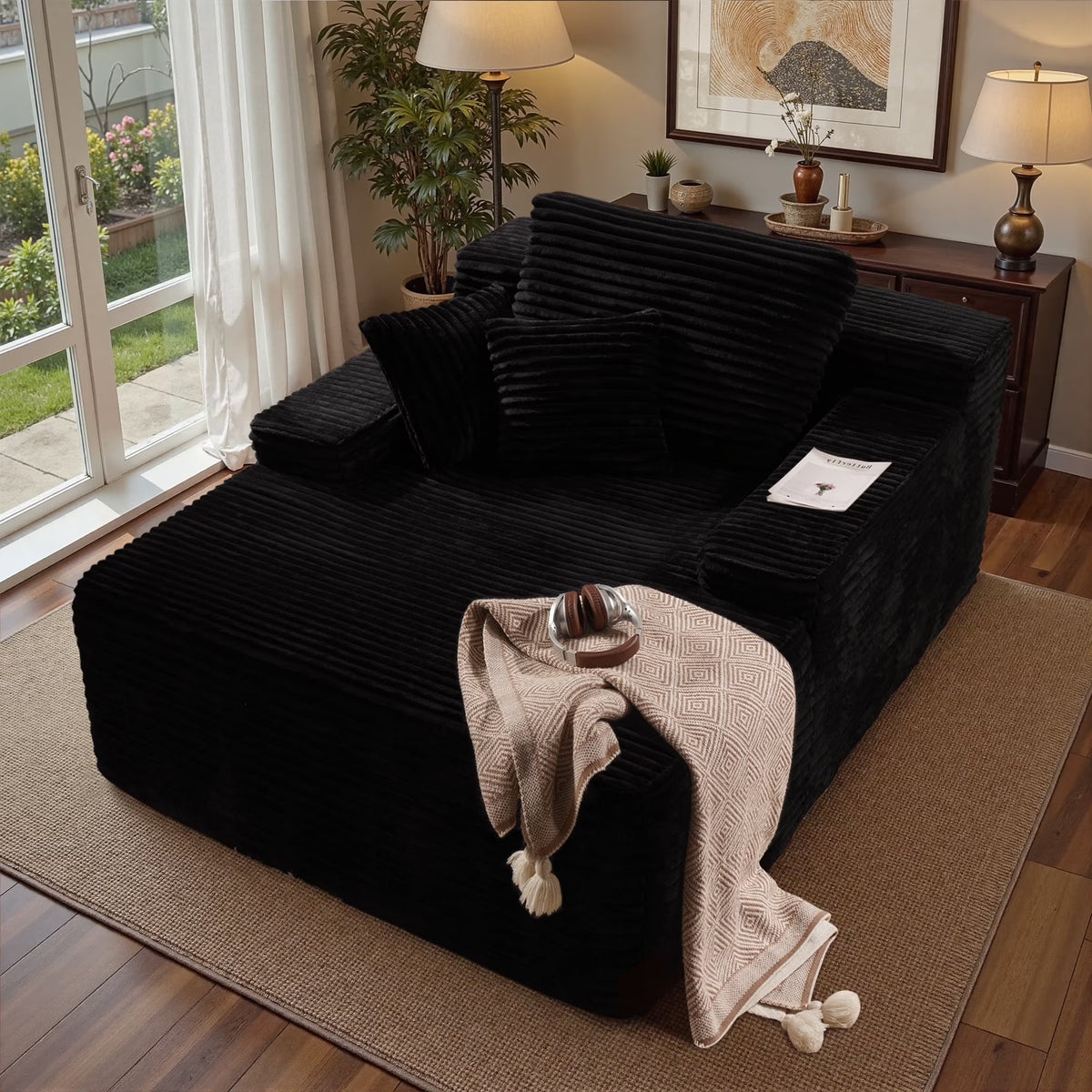 Ovios 67'' Oversized Chaise Lounge Chair Indoor Cloud Plush Corduroy Floor Sofa Bed Deep Seat No Assembly Couch for Living Room, Black