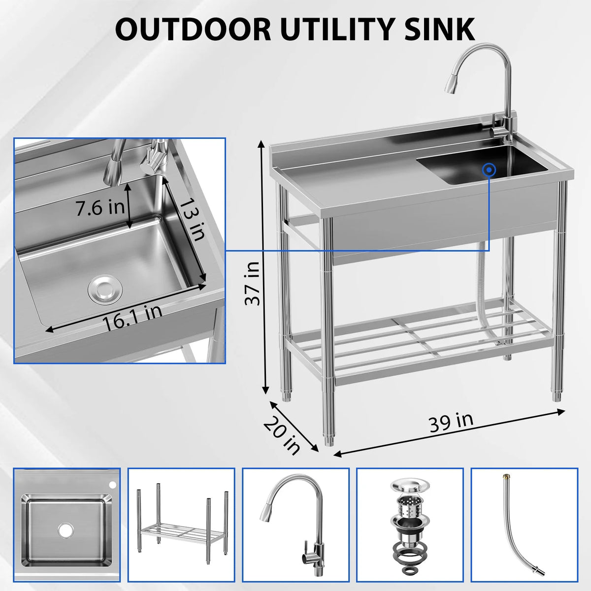 Garvee Utility Sink,39"x20"x37" Freestanding Single Bowl Kitchen Sink with Faucet & Drainboard,Stainless Steel Sink with Storage Shelves for Laundry Room Bathroom Farmhouse